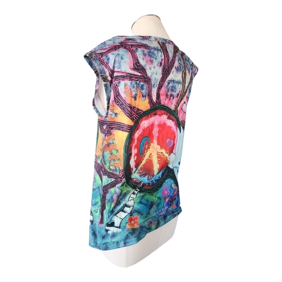 Psychedelic Peace Sign Art Tee | Vivid Graphic Cap Sleeve Top | Size L - Picture 6 of 10